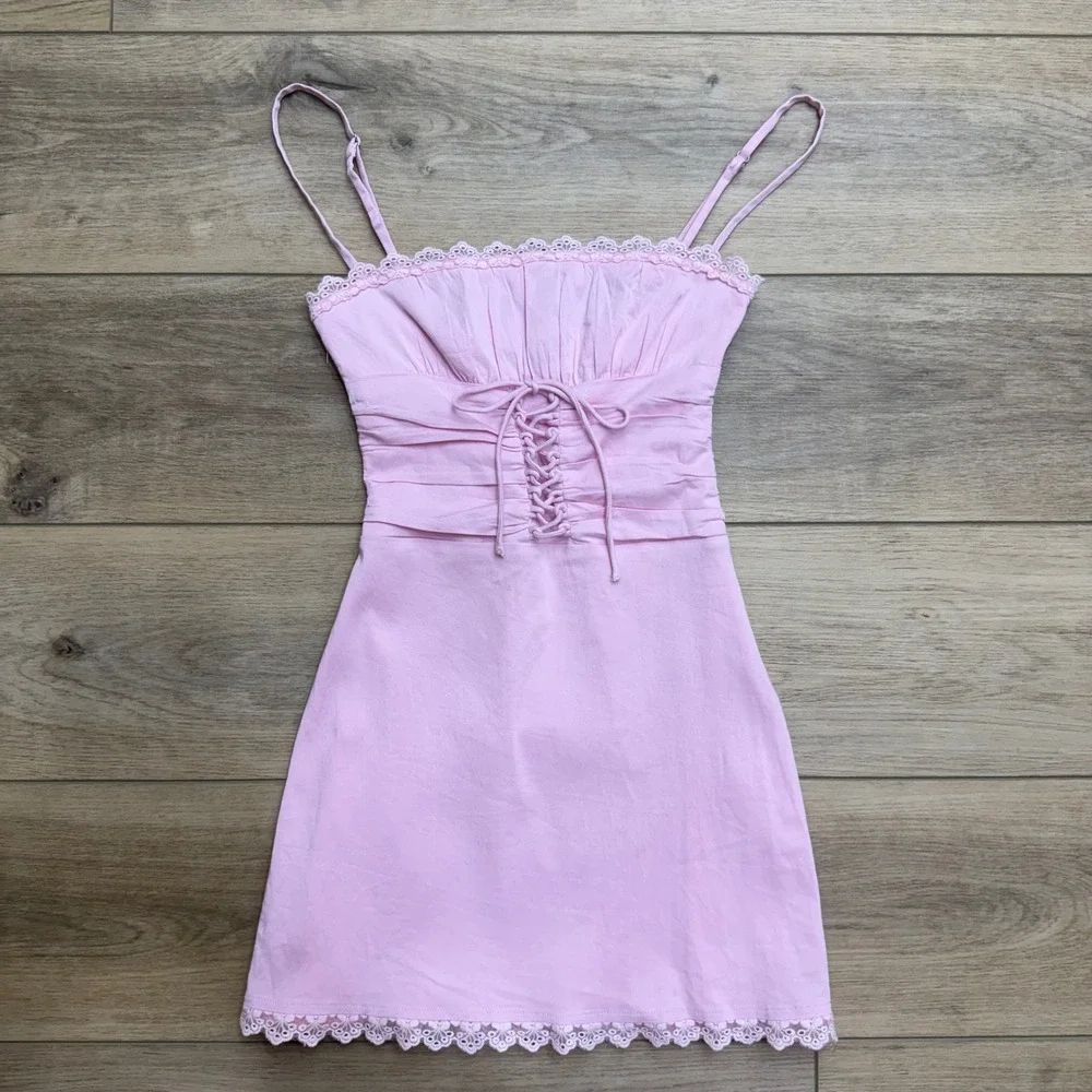 White Fox Boutique Pink Lace-Trim Bodycon Mini Dress - Picture 2 of 13